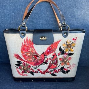 Vintage Enid Collins Rare “Cardinal Kin” Canvas, Wood, Leather, Jeweled Handbag.